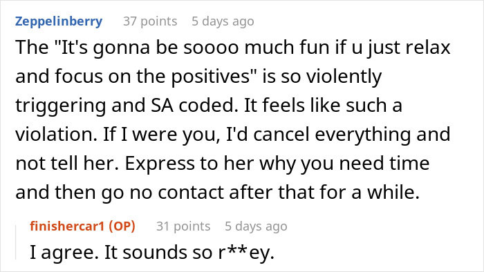 Reddit comments discussing concerns about a woman joining an ex-friend&rsquo;s solo trip.