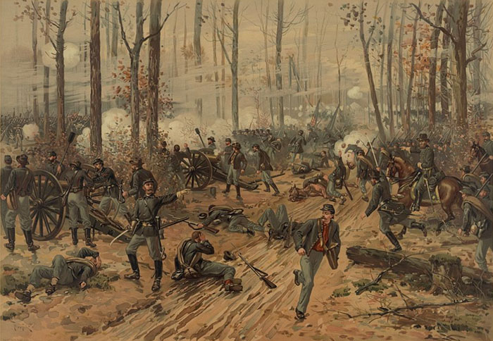 Civil War scene with soldiers in a forest, illustrating a battle related to true urban legends.