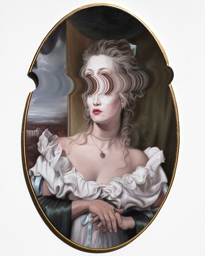 Classical portrait with a distorted twist featuring a woman in historical attire with warped facial features.