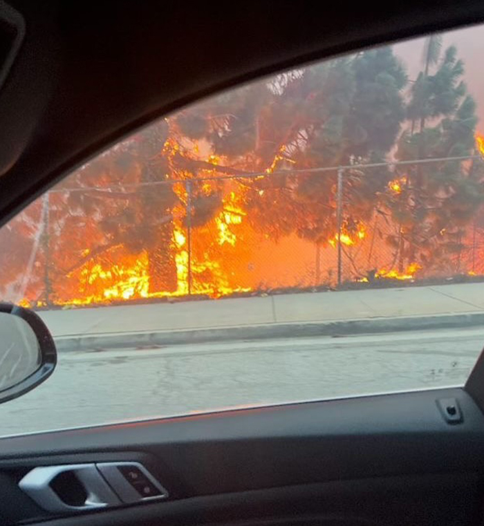 View of LA wildfires through a car window, highlighting the intense flames and impact of celebrities during the crisis. View of LA wildfires through a car window, highlighting the intense flames and impact of celebrities during the crisis.
