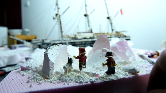 LEGO recreation of Imperial Trans-Antarctic Expedition, with mini-figures and a ship in a snowy setting.