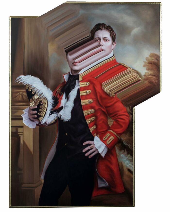 Classical portrait with a distorted twist, featuring a man in a red coat holding a feathered hat.