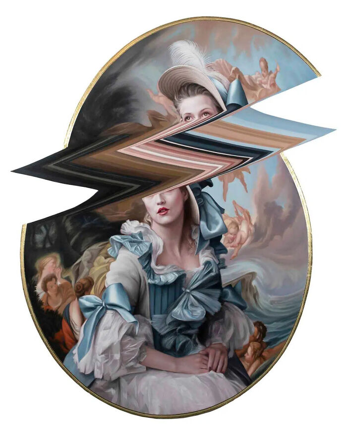 Classical portrait with a distorted twist, featuring a woman in historical attire with a skewed visual effect.