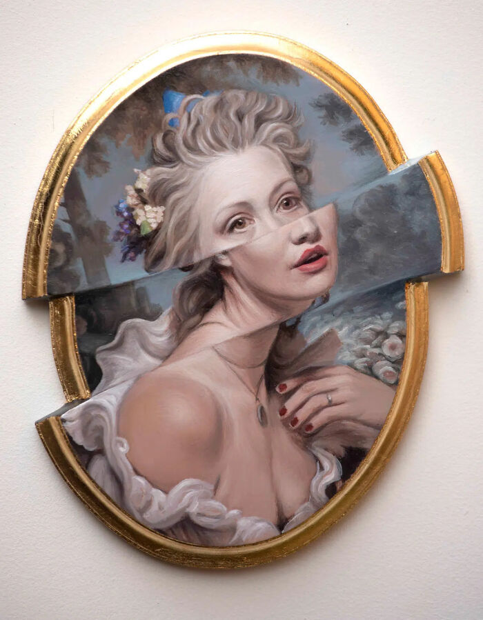 Classical portrait with a distorted twist, featuring a woman in an oval frame.