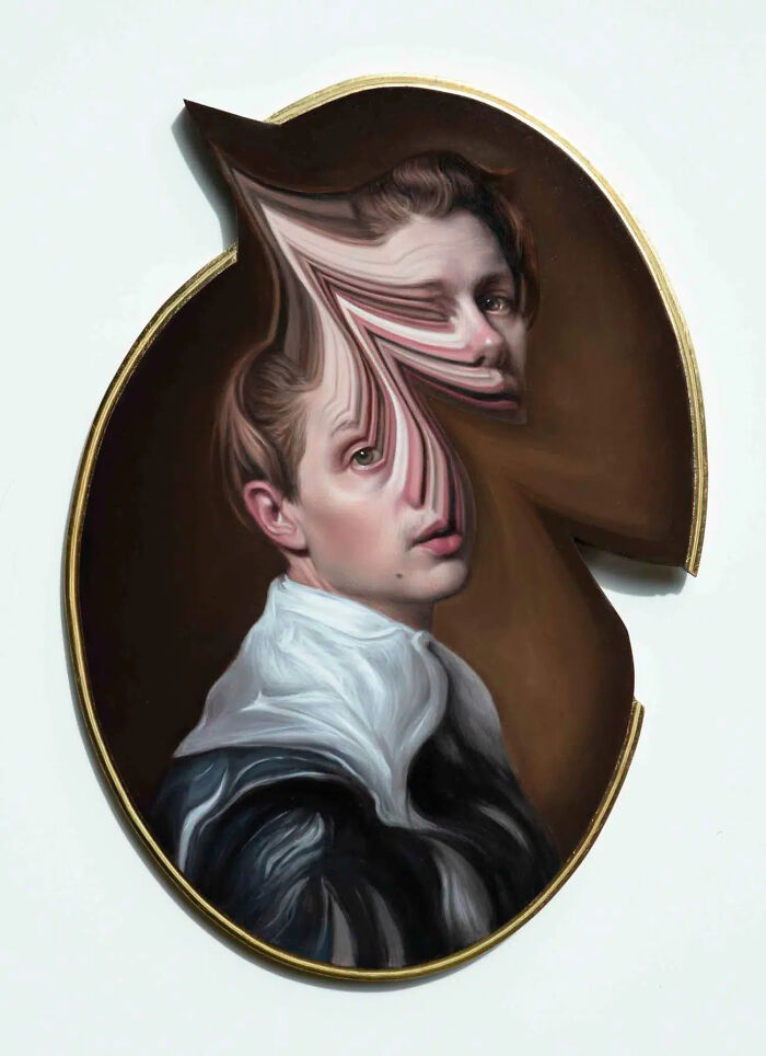 Distorted twist on a classical portrait, featuring a warped face with intricate detail on an oval canvas.