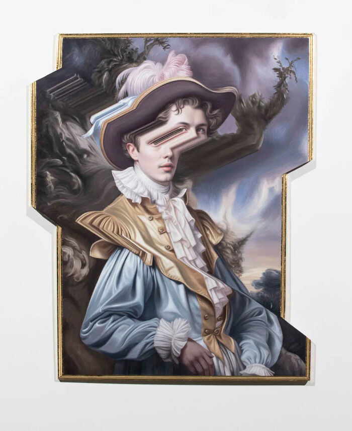Classical portrait with a distorted twist, featuring a figure in historical attire and a surreal facial alteration.