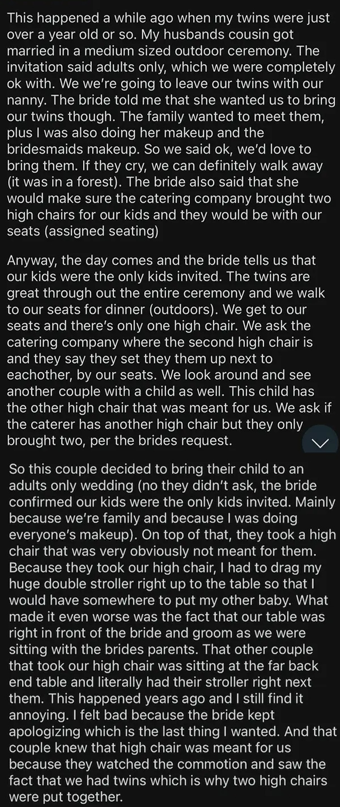 Text image of a story about terrible guests at a wedding, focusing on a seating issue.