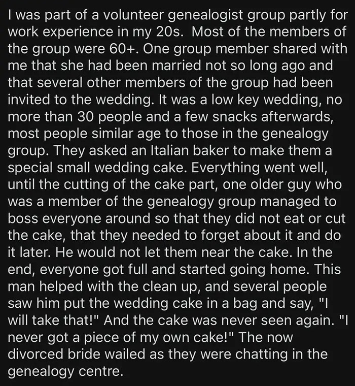 Text recounting a wedding story where a guest took home the entire cake, highlighting terrible guests.