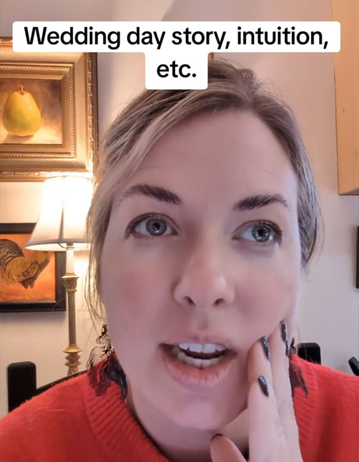 Woman in red sweater sharing a story, with text about wedding day intuition in background. Woman in red sweater sharing a story, with text about wedding day intuition in background.