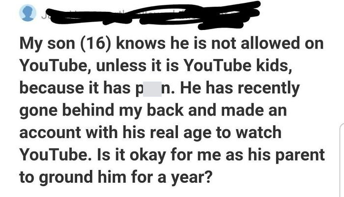 Text image showing a parent asking a weird question on Quora about grounding their son for using YouTube.