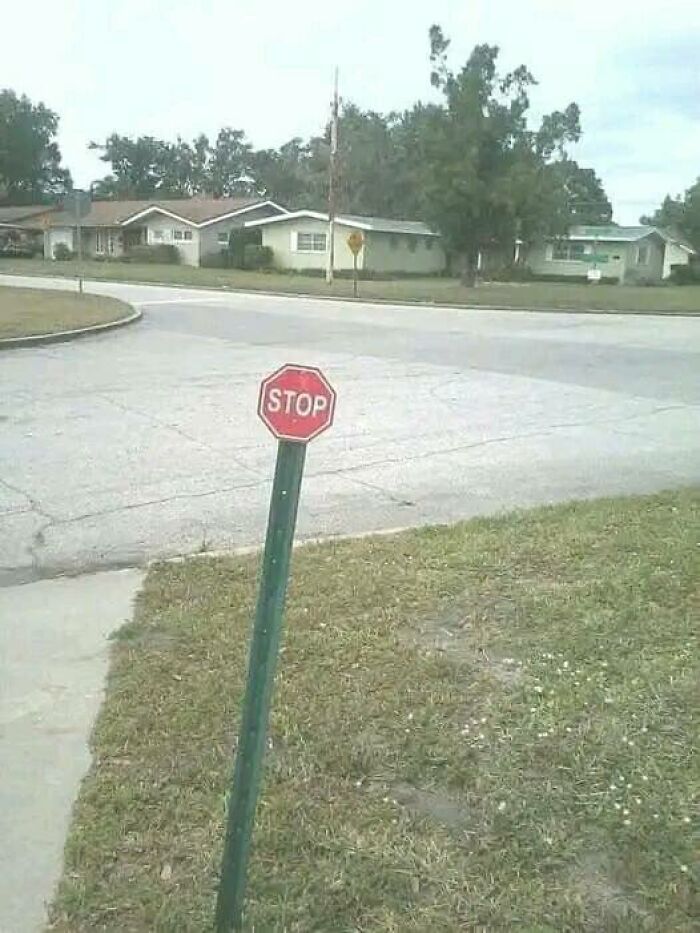 Miniature stop sign planted awkwardly at a street corner, showcasing a bizarre urban scene.