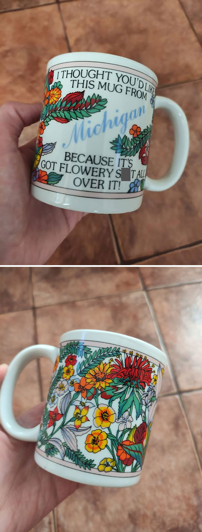 Colorful floral mug from Michigan, a quirky secondhand find on a Facebook group.