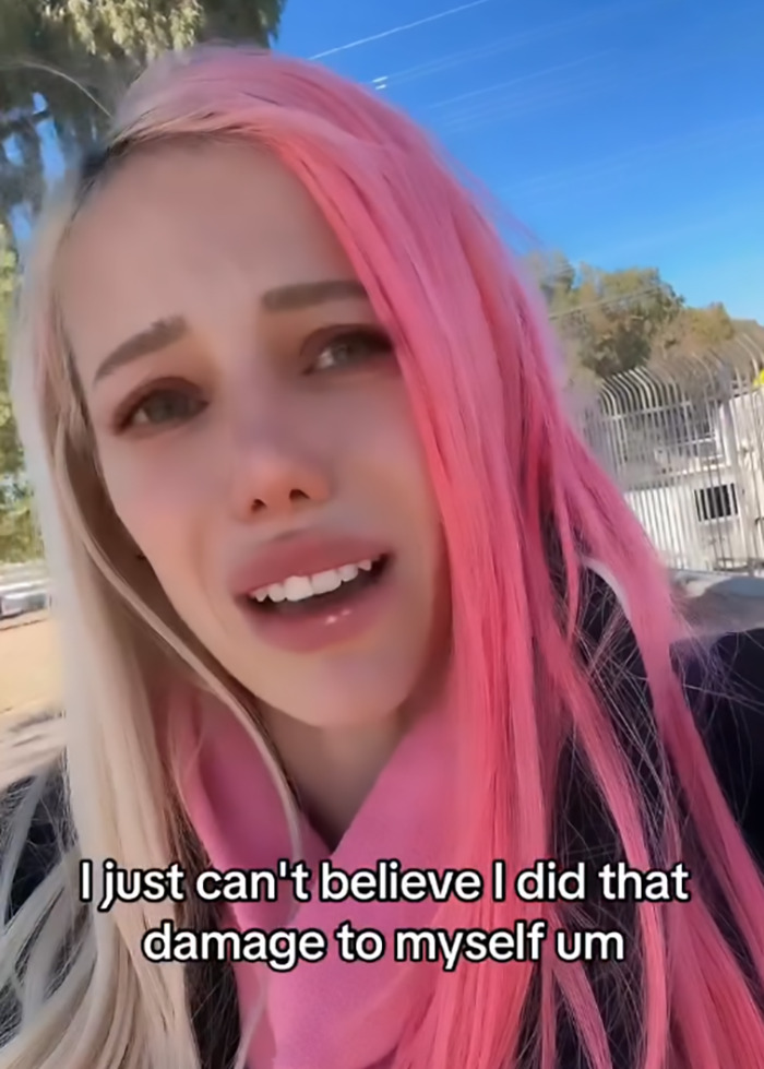 A woman with pink and blonde hair looks shocked outdoors, text overlay expressing regret about Ozempic usage.