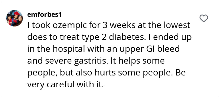 Text screenshot about Ozempic use causing hospitalization due to severe side effects.