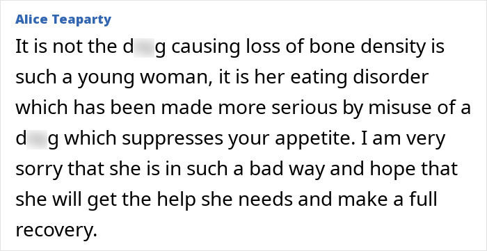 Comment discussing a woman's bone density loss linked to misuse of an appetite suppressant.