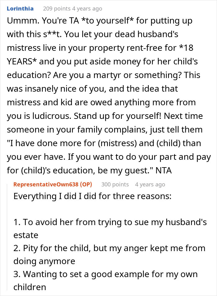 Reddit comment discussion about a woman's refusal to fund her husband's affair child's education.