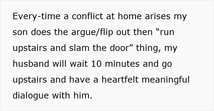 Text discussing conflict resolution in a family setting with son arguing, running upstairs, slamming door, and husband&rsquo;s response.