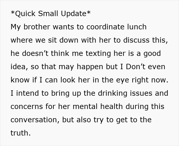 Text discussing a family meeting to address betrayal and concerns about mental health and drinking issues.