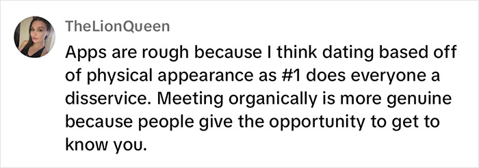 Comment on dating apps criticizing focus on appearance, emphasizing genuine connections for dating profile insights.