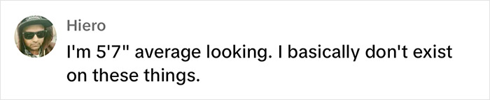 Text message from a dating profile with a comment on being average looking and not standing out.