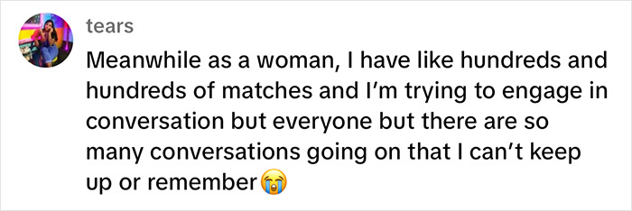 Woman takes over man's dating profile, overwhelmed by numerous conversations, highlighting dating challenges.