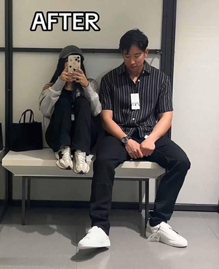 A woman and man sitting together, reflecting on an online dating profile experience.