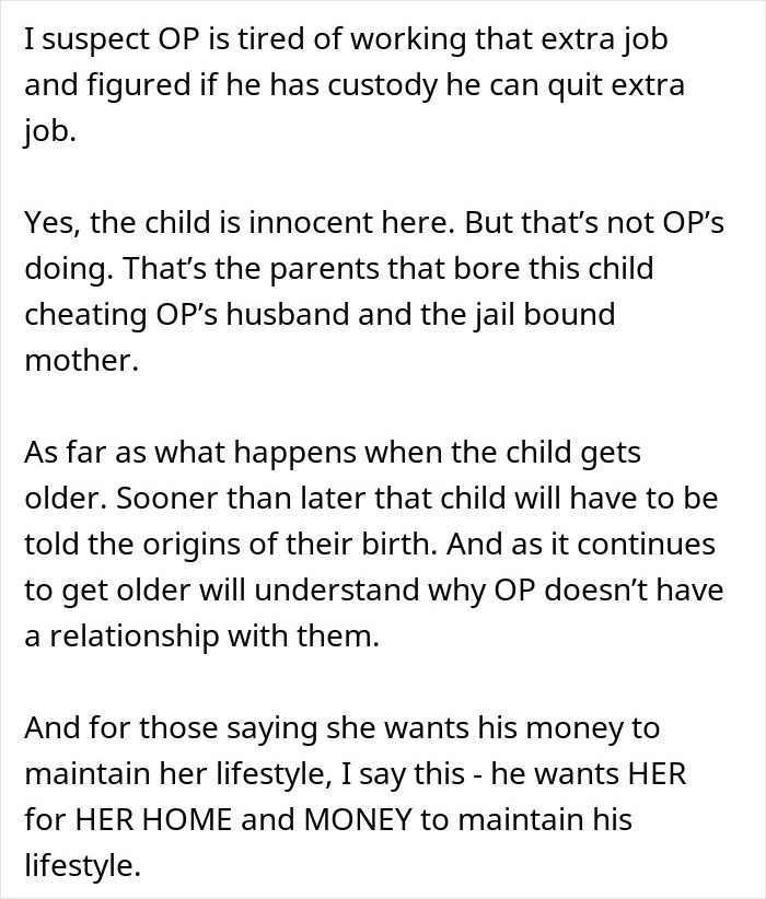 Text discussing custody decisions for a man's affair child after the baby mama is arrested.