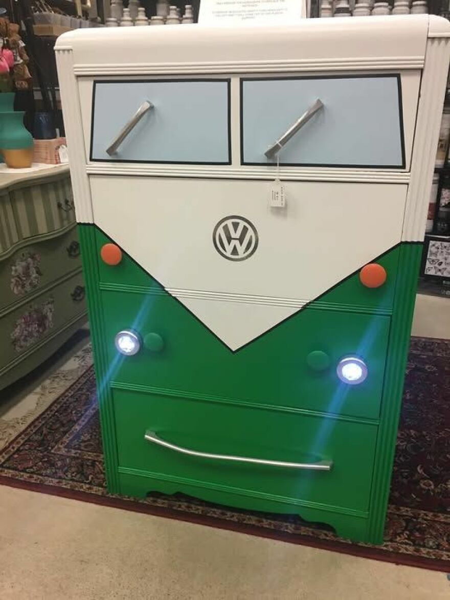 Saw This At An Antique Shop. A Dresser Resembling A Volkswagen Van, Complete With Working Headlights