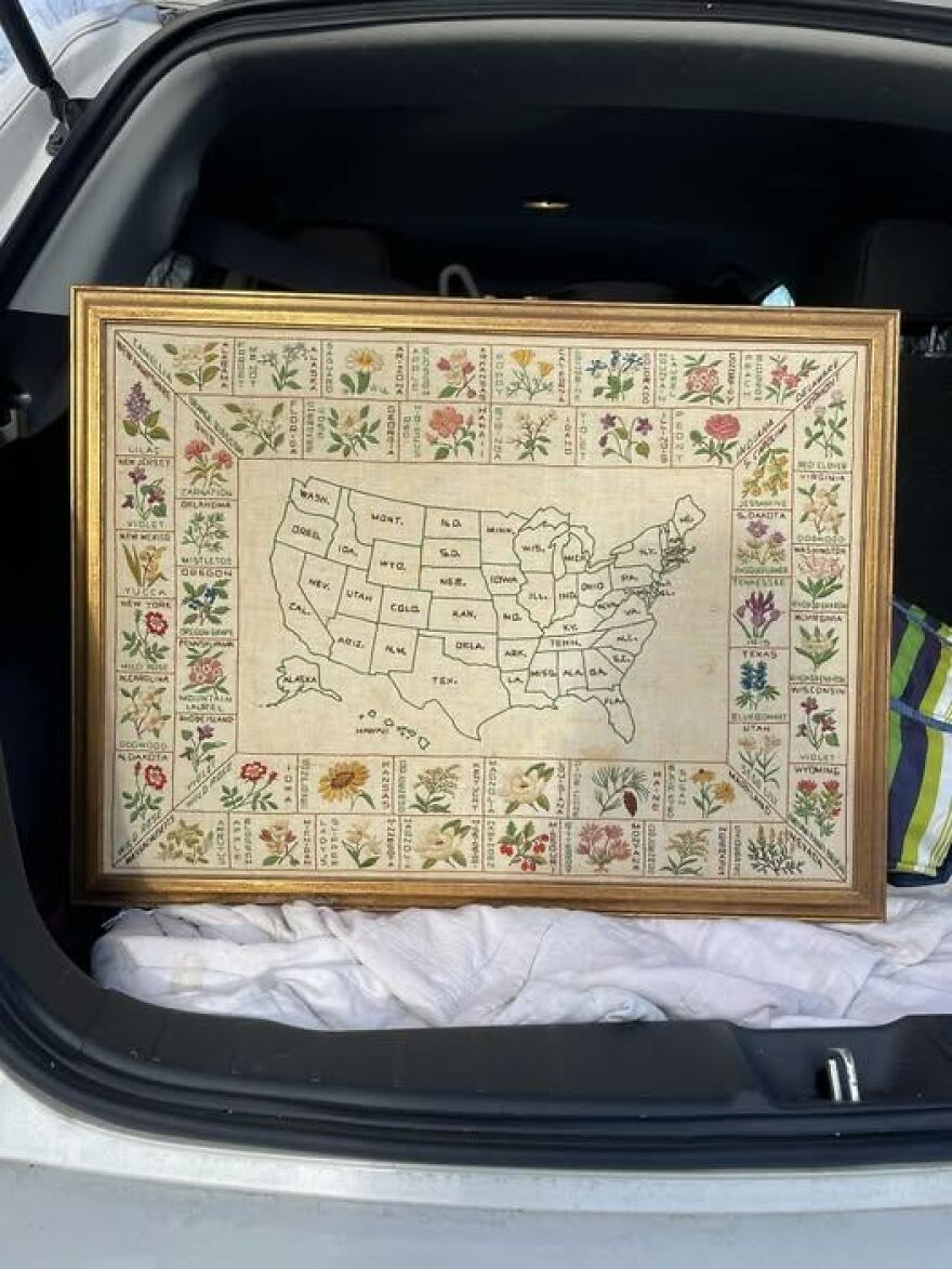 I Picked Up This Embroidered Map Of State Flowers From Hickory Tree Antique Mall In Beckley, West Virginia. Very Cool