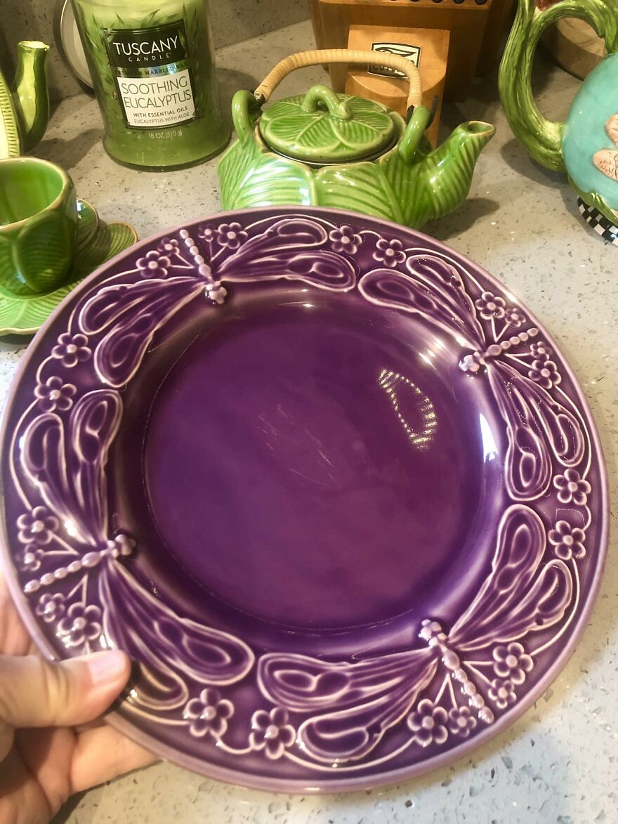 Found These Amazing Purple (My Favorite Color) Dragon Fly Plates At A Parking Lot Rummage Sale, $2.00 A Plate, There Were Only 4, I Love Them