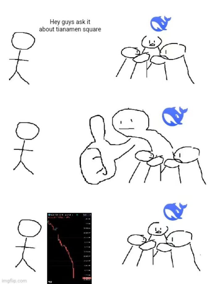 Stick figure comic illustrating the chaotic response to DeepSeek's impact on AI chatbots.