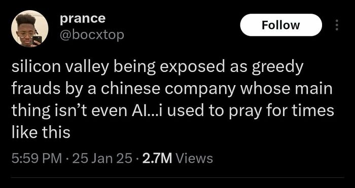 Tweet mocking Silicon Valley's AI chatbot exposure by DeepSeek, highlighting chaos and impact.