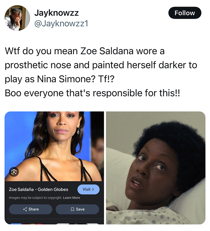 “Tweet questioning Zoe Saldaña's role as Nina Simone; controversy over her portrayal resurfaces.” “Tweet questioning Zoe Saldaña's role as Nina Simone; controversy over her portrayal resurfaces.”
