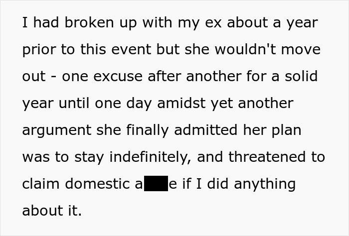 Text describing a person planning revenge against a toxic girlfriend who refuses to move out.