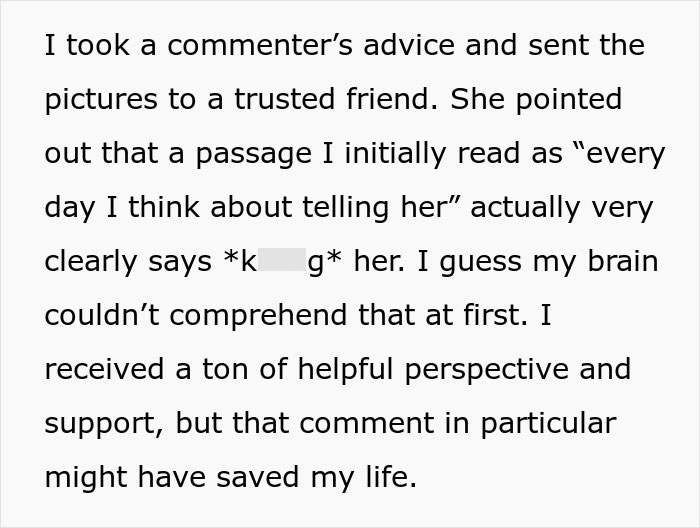 Text revealing a husband's troubling journal entry discovered by a wife, causing her to feel terrified and seek safety. Text revealing a husband's troubling journal entry discovered by a wife, causing her to feel terrified and seek safety.