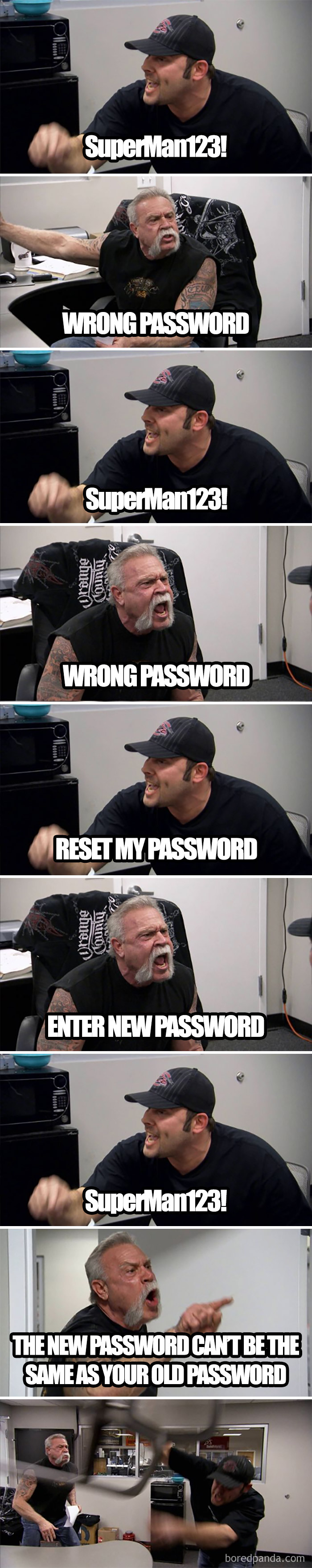 A humorous post depicting two men arguing about a wrong password and resetting it.