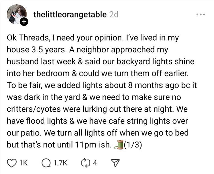 Social media post about neighbors' complaints regarding backyard lights and reactions to them.