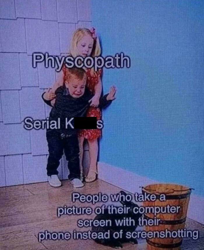 Two kids labeled with misspelled words humorously depicting people who photograph screens instead of screenshotting.