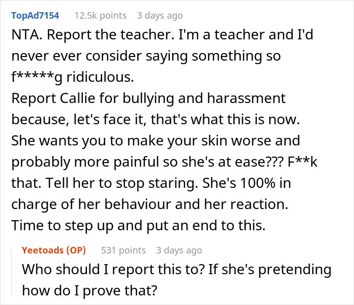 Online discussion addressing acne and classmate bullying, with users suggesting reporting teacher's response.