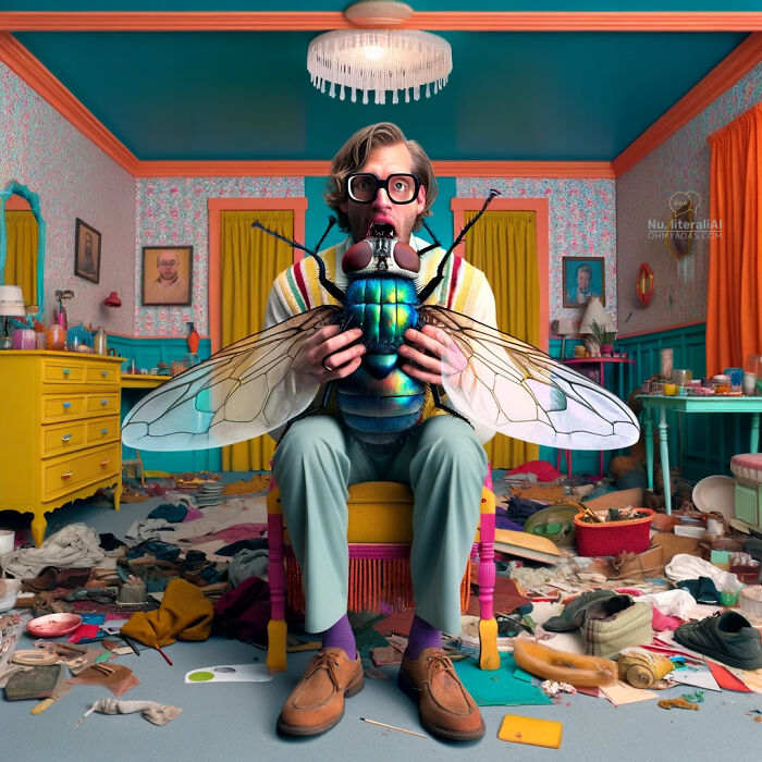 Person with large toy fly in colorful, cluttered room, illustrating funny interpretation of Lithuanian native idioms.