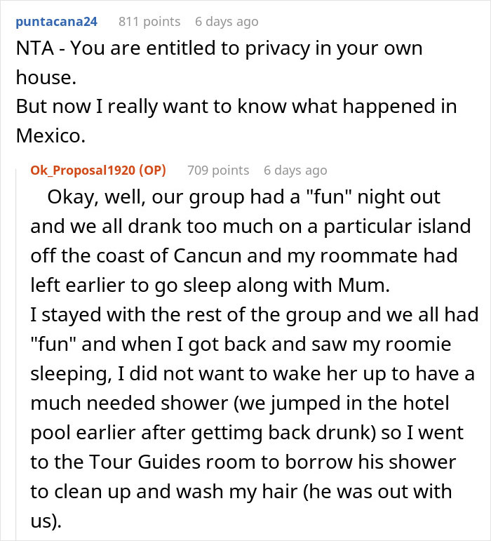 Reddit discussion on privacy in daughter's home with Mexico trip anecdote. Reddit discussion on privacy in daughter's home with Mexico trip anecdote.