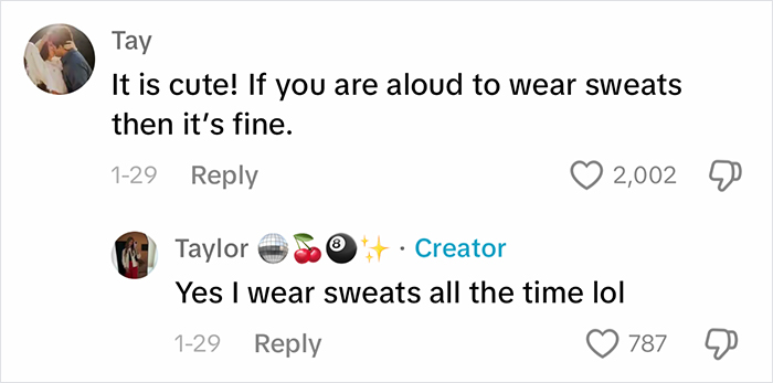 Comments discussing outfit inappropriate for work, mentioning sweats. Comments discussing outfit inappropriate for work, mentioning sweats.