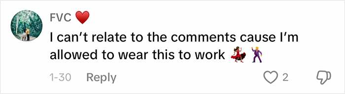 Comment about work outfit appropriateness with dancing emojis and user reaction. Comment about work outfit appropriateness with dancing emojis and user reaction.