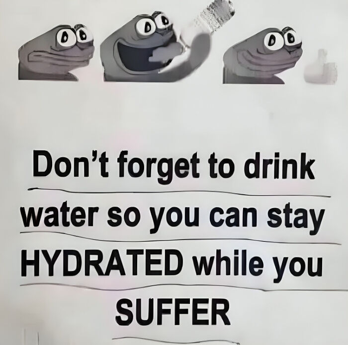 Cartoon frog drinking water with text advising to stay hydrated while suffering; relatable meme.