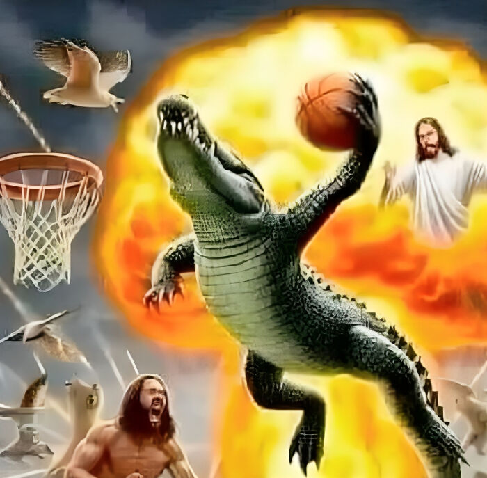 Crocodile playing basketball with an explosion in the background, showcasing one of the hardest animals.