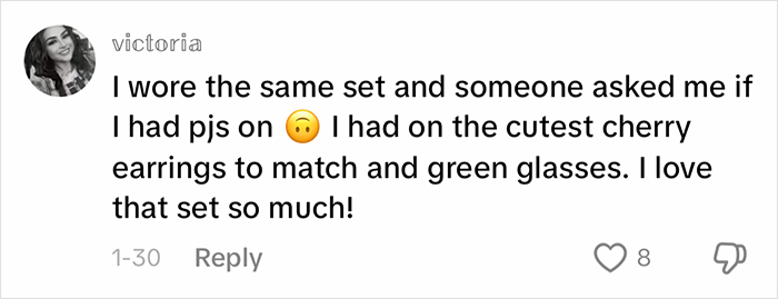 Comment discussing an outfit deemed inappropriate at work, mentioning cherry earrings and green glasses. Comment discussing an outfit deemed inappropriate at work, mentioning cherry earrings and green glasses.
