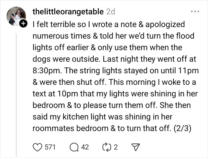 Social media post about couple addressing neighbor's complaints about lights, discussing persistence of issues.