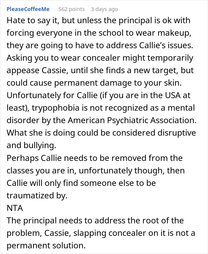 Text discussing acne and bullying at school, highlighting mental health issues.