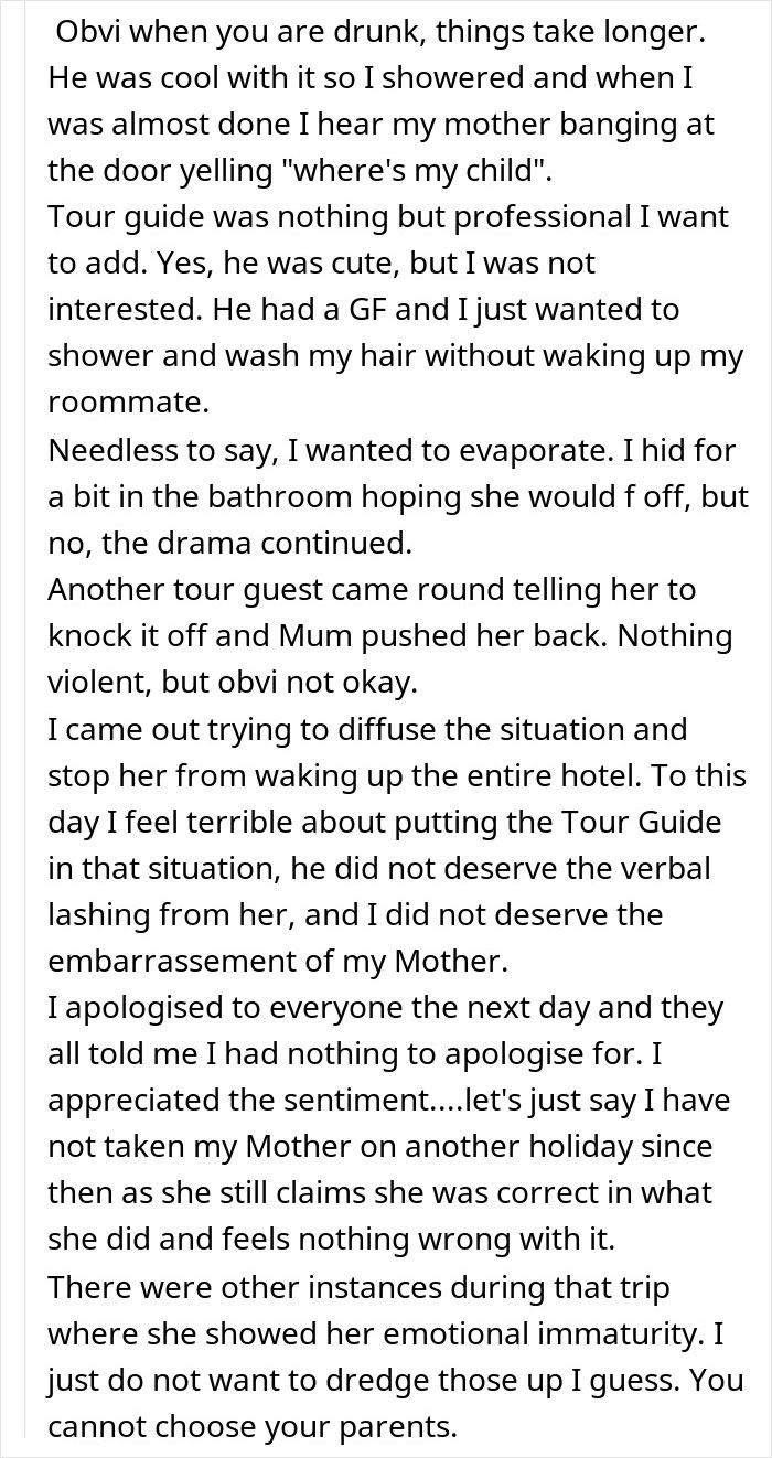 Text message about a mother's disruptive behavior on a trip, highlighting emotional immaturity and causing embarrassment. Text message about a mother's disruptive behavior on a trip, highlighting emotional immaturity and causing embarrassment.