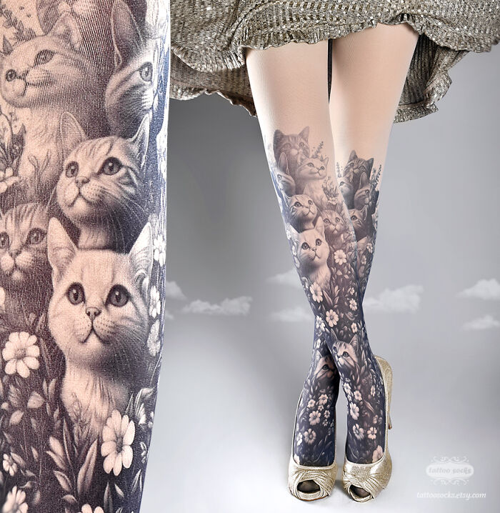Unique tattoo tights featuring cats and flowers design, worn with gold heels and a knitted skirt.